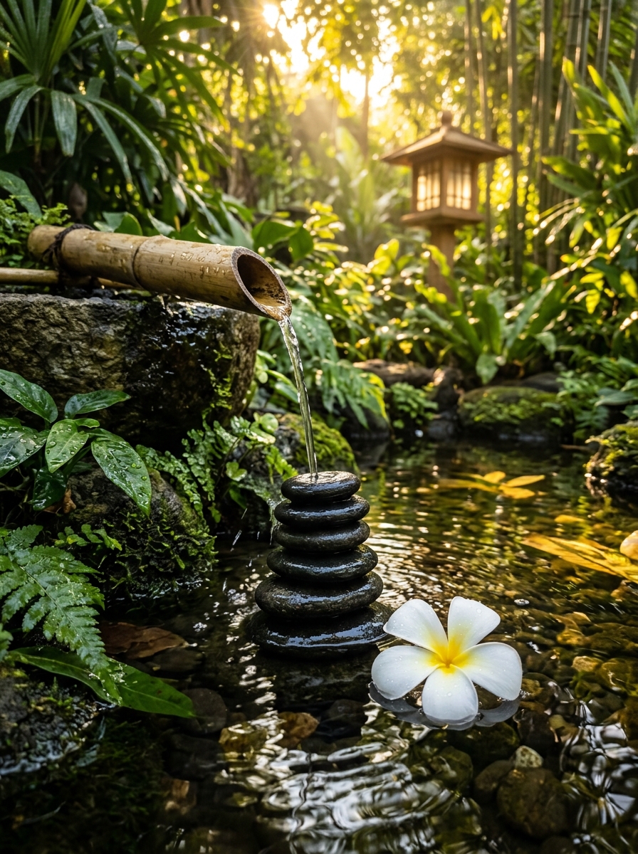 Zen garden bamboo water fountain and smooth healing stones